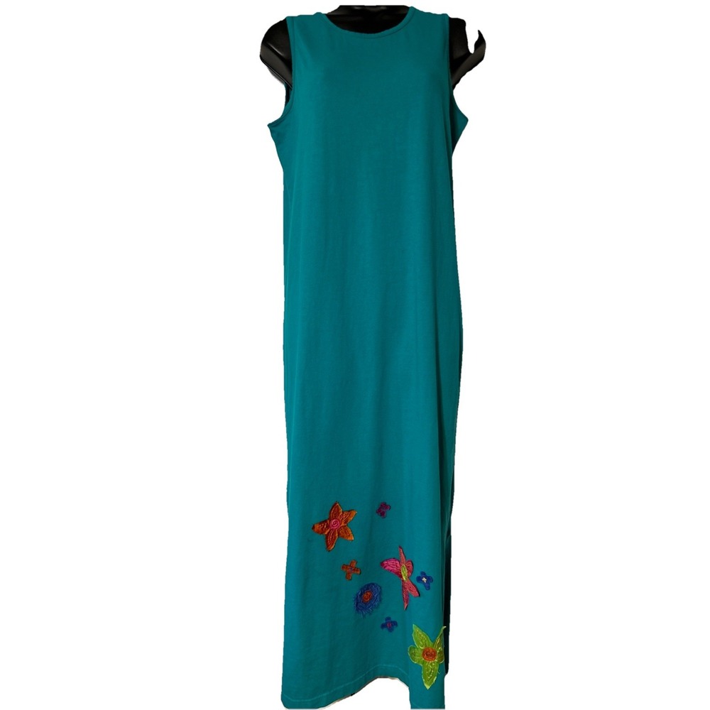 Susan Bristol Petite Teal Floral Applique Sleeveless Maxi‎ Dress PM Cotton Blend